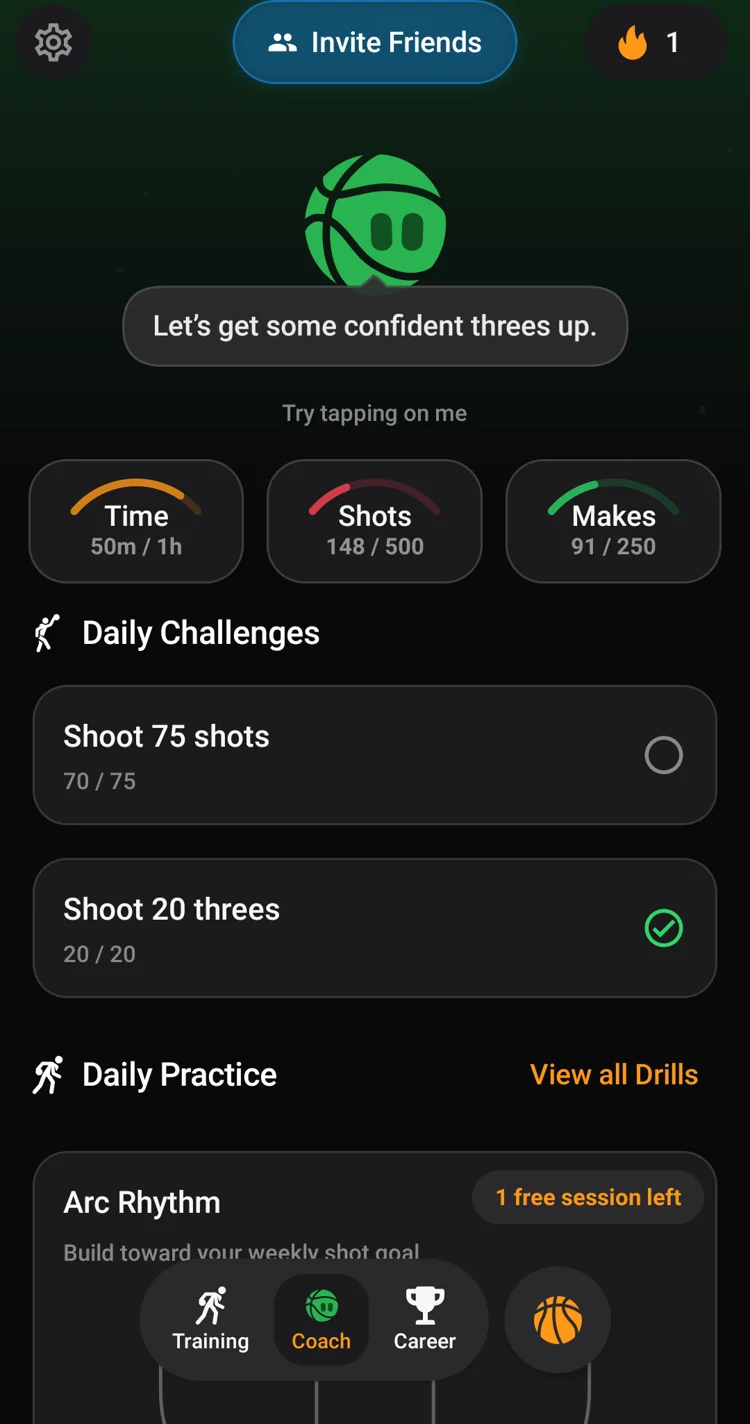 Hoops Coach with weekly goals, Daily Challenges, and suggested practice drills