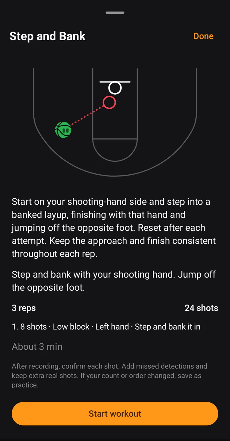 A Coach drill with a court diagram, shot spots, reps, and instructions