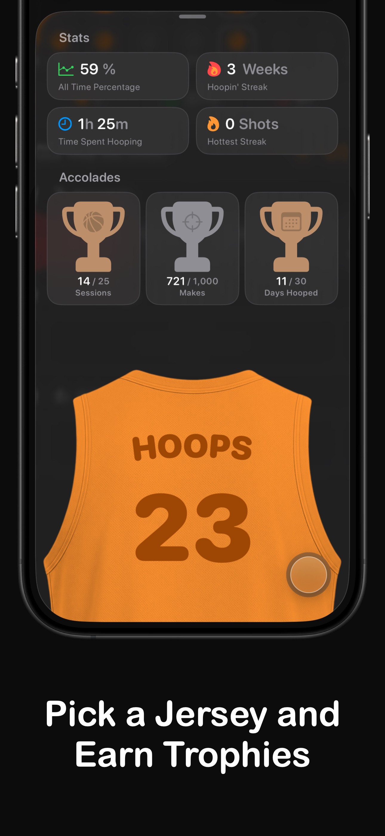 Hoops stats screen with a custom jersey and earned trophies