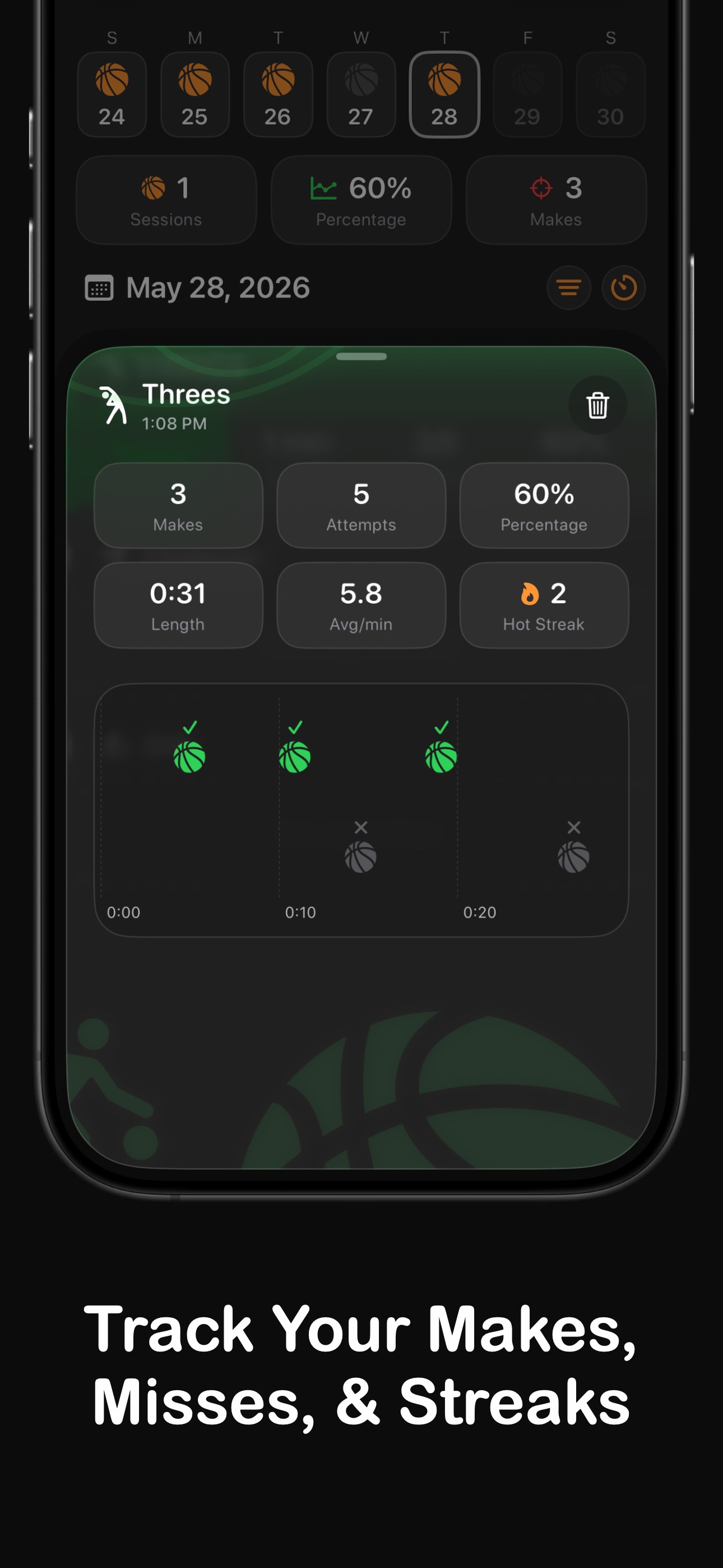 Hoops session detail tracking makes, misses, and streaks