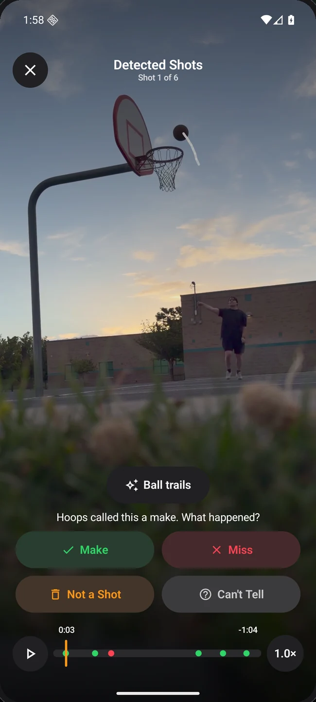 Review a detected shot, follow its ball trail, and confirm or correct the result